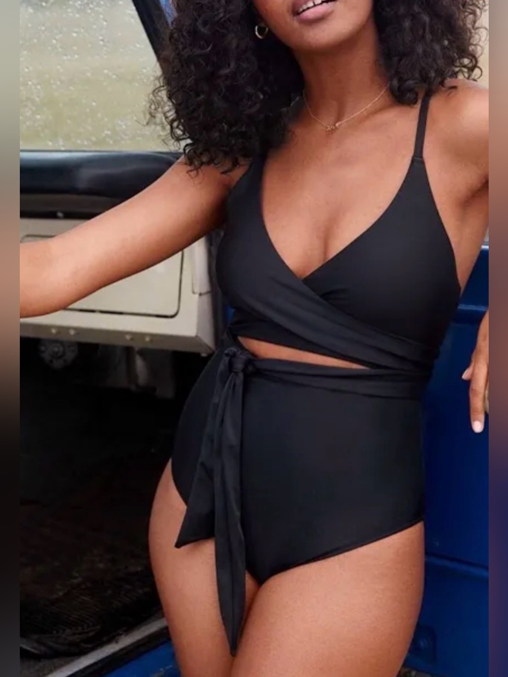 Aerie Black Wrap Tie One Piece Swimsuit Full Coverage Size Large (1202)
